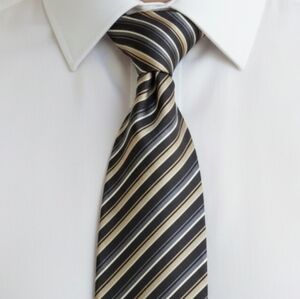 Brioni Repp Men's Tie, Silk Blend , Classic Beige, Brown And Greay Stripes